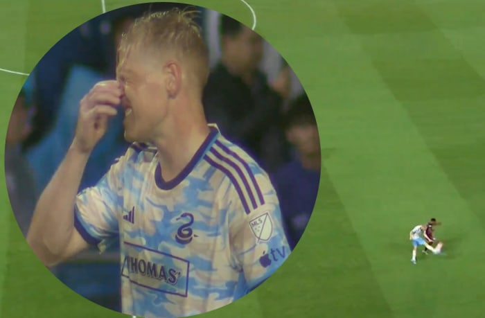 Philadelphia Union defender Jakob Glesnes pictured (left) reacting after scoring an own goal from more than 40 yards during his team's 3-2 win over Deportivo Saprissa in February 2024